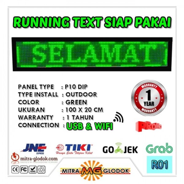 Running Text Hijau Satu Warna P10 Outdoor Siap Pakai WIFI + USB | GREEN - 100 x 20 cm